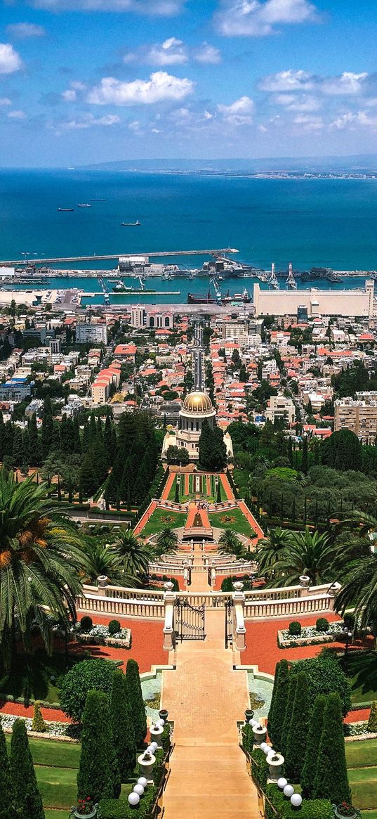 city, houses, palm trees, sea, haifa, israel