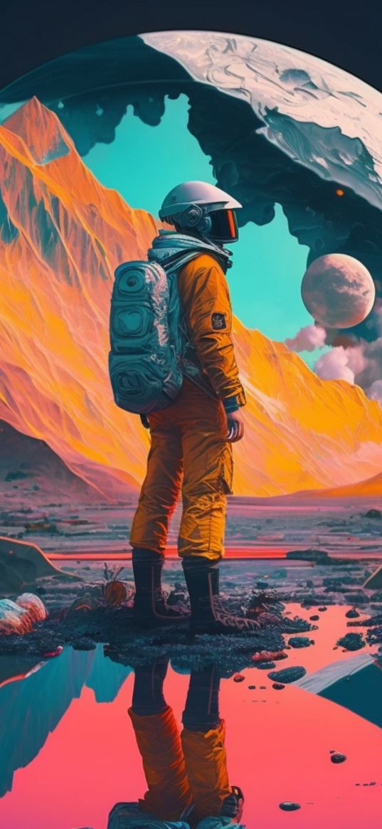 cosmonaut, planet, portal, mountains, art