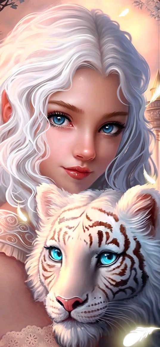 girl, tiger cub, animal, white, portrait, art