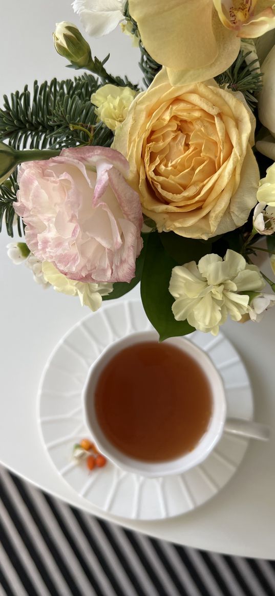 tea, flowers, roses, carnations