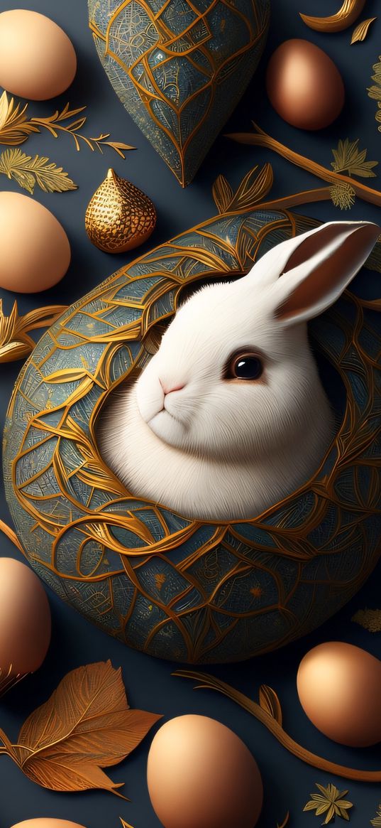 rabbit, easter, eggs, leaves, patterns