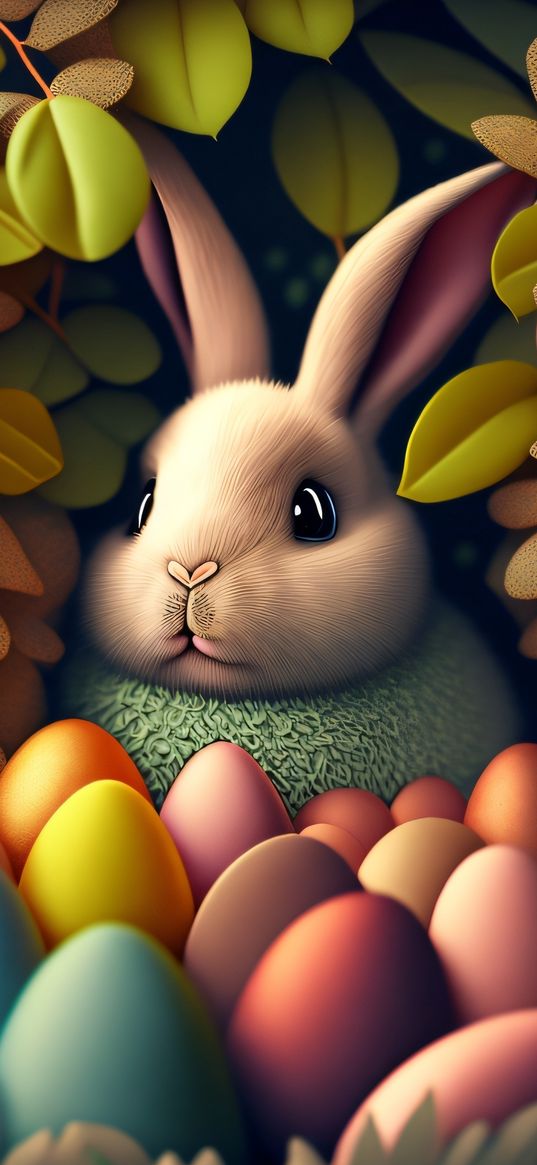 easter bunny, eggs, leaves, nest, greens, colored