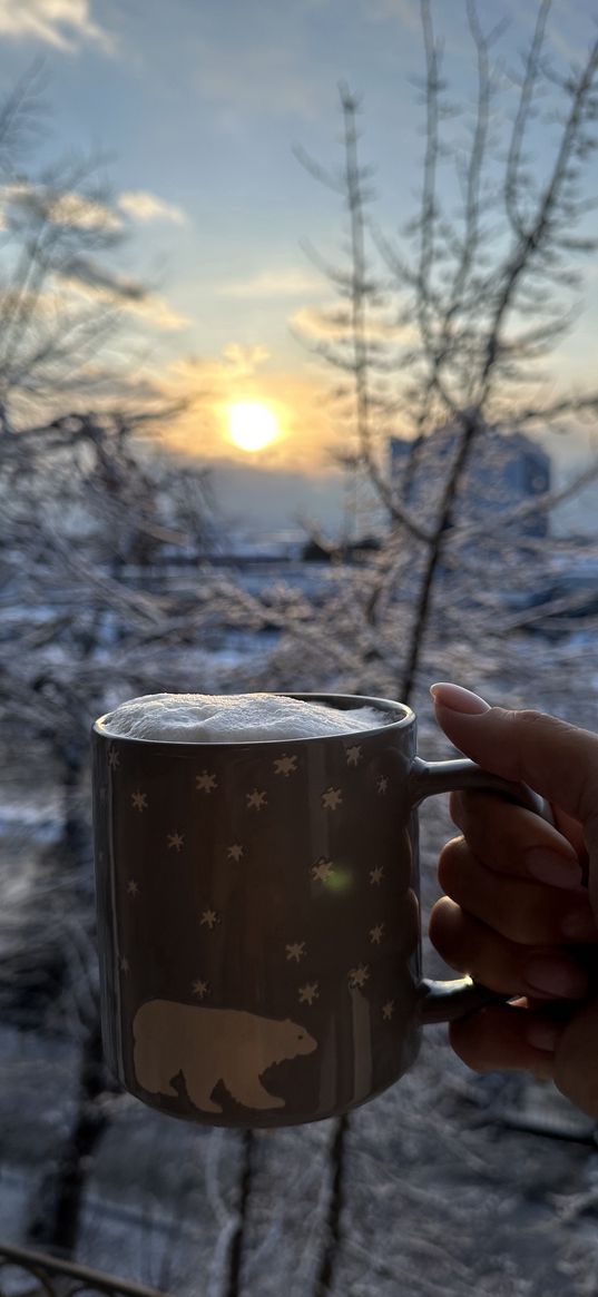 winter, snow, coffee, breakfast, morning coffee