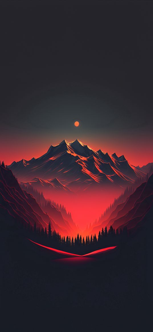 forest, mountains, sun, sunset, landscape, nature, ai, art