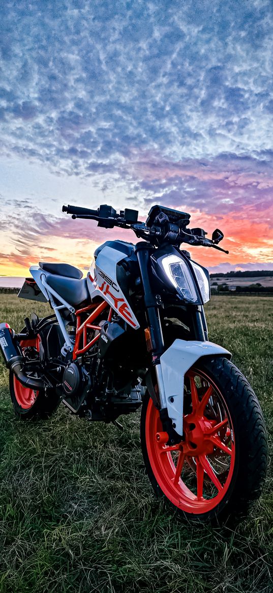 ktm 390 duke, motorcycle, bike, field, hills, clouds, sky, sunset