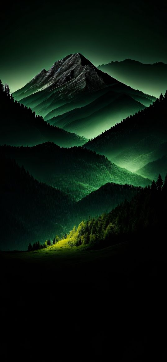 forest, hills, mountains, night, green, landscape, ai, art