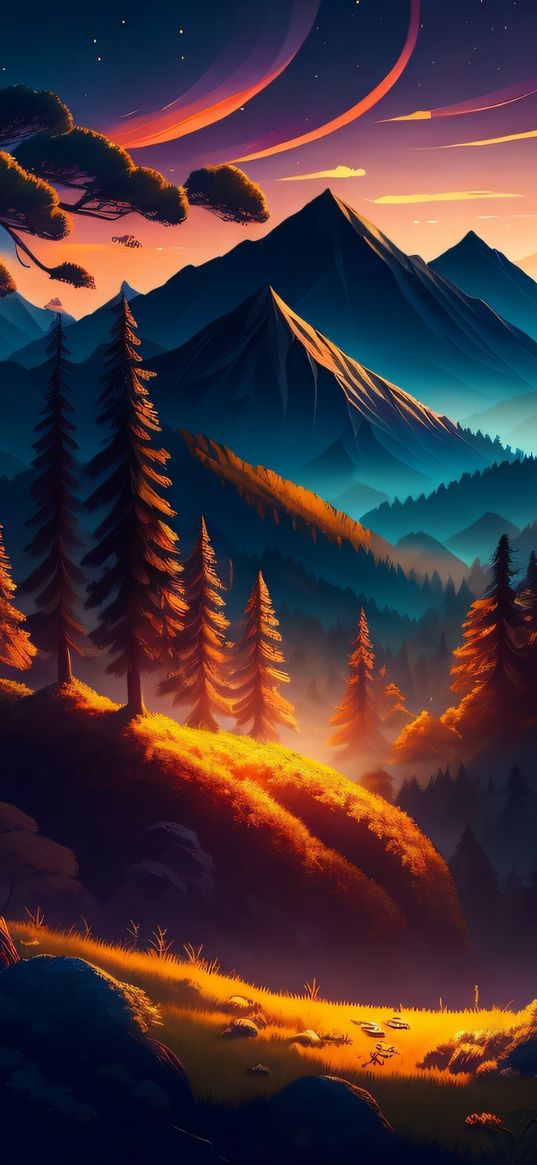 trees, forest, hills, mountains, sunset, landscape, nature, ai, art