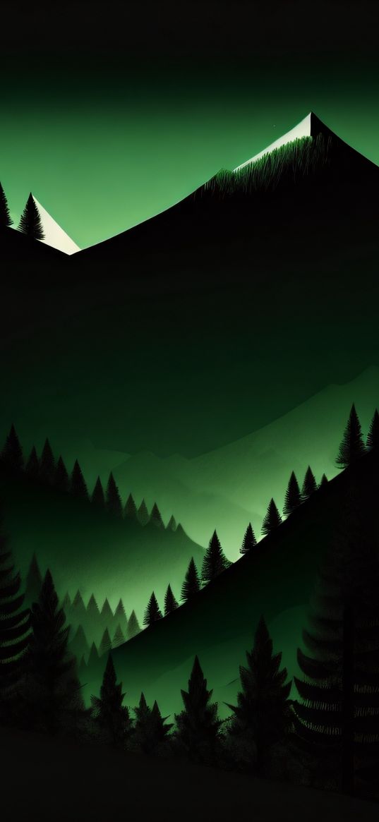 trees, forest, hills, mountains, night, green, landscape, nature, ai, art