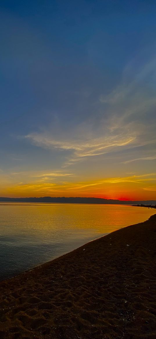 sand, beach, sea, calm, sunset, orange