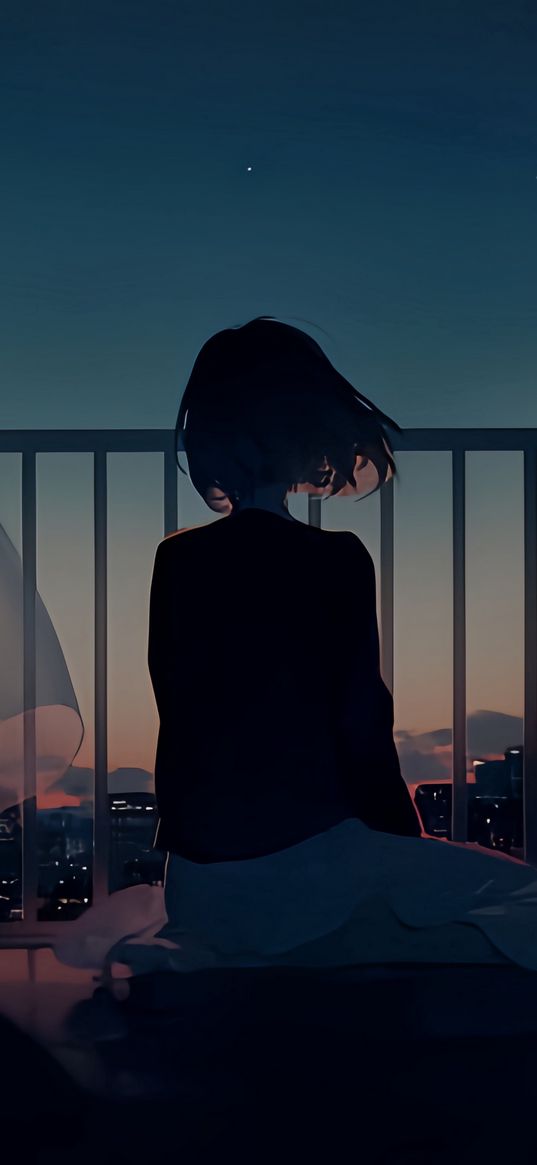 girl, balcony, city, night, art