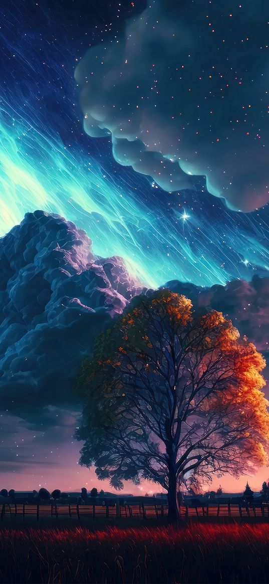 tree, clouds, art, sky, star