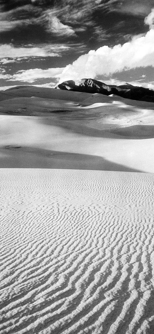 desert, sand, dunes, lines, mountains, black-and-white