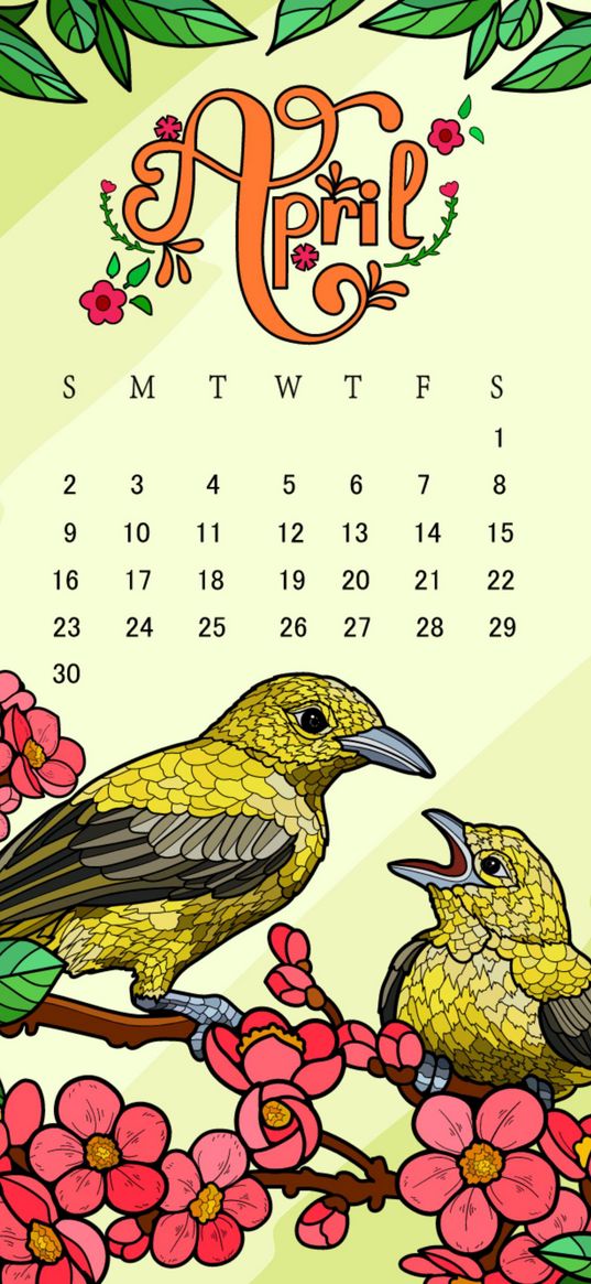 calendar, april, spring, birds, art