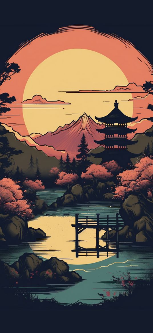 landscape, mountains, art, vector, forest, nature, night, sunset, asian, japanese