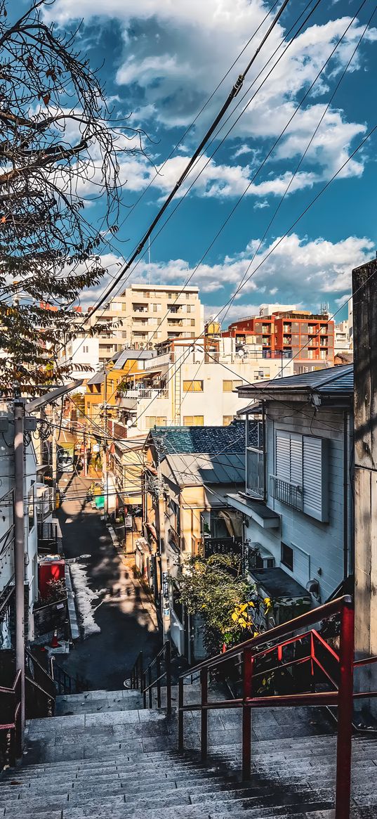 stairs, houses, buildings, street, city, clouds, sky, asia