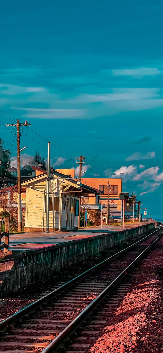 station, railway, houses, clouds, sky, japan, asia