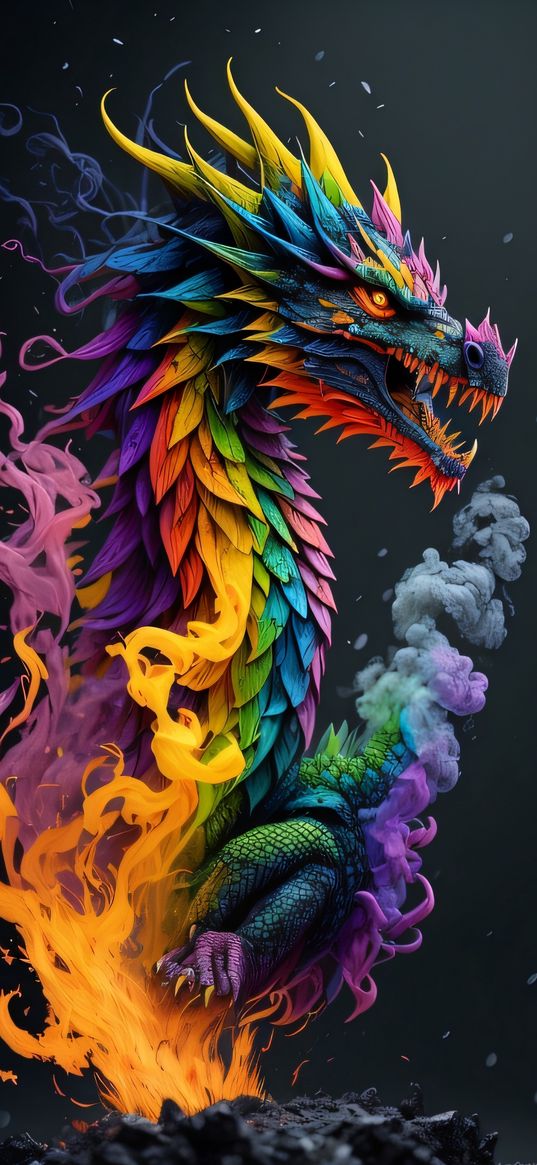 dragon, fire, smoke, fantasy, color