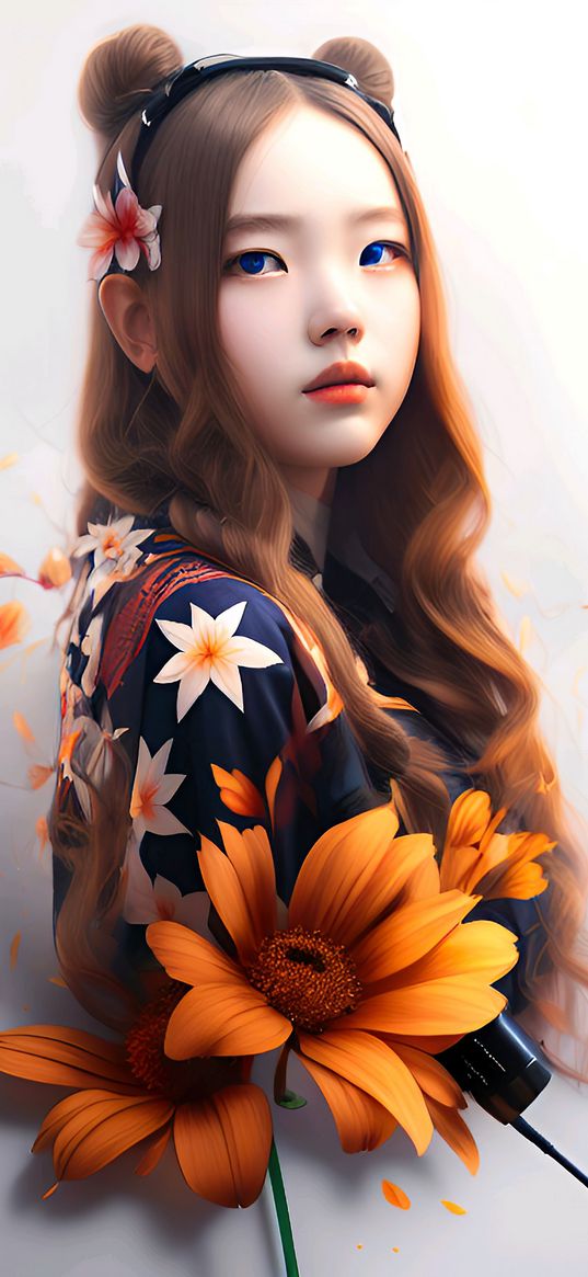 girl, asian, flowers, bunches, petals, wavy hair, art