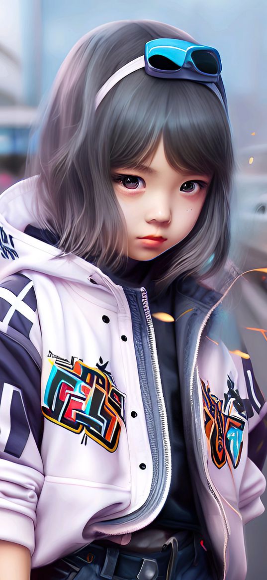 girl, child, headband, short hair, jacket, art