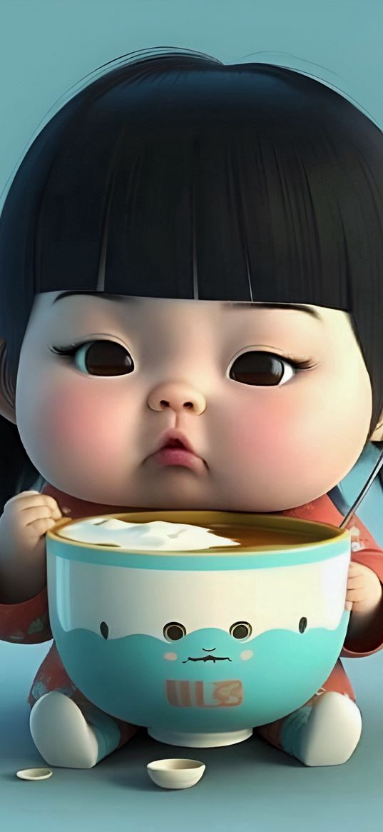 girl, child, asian, cup, food, art