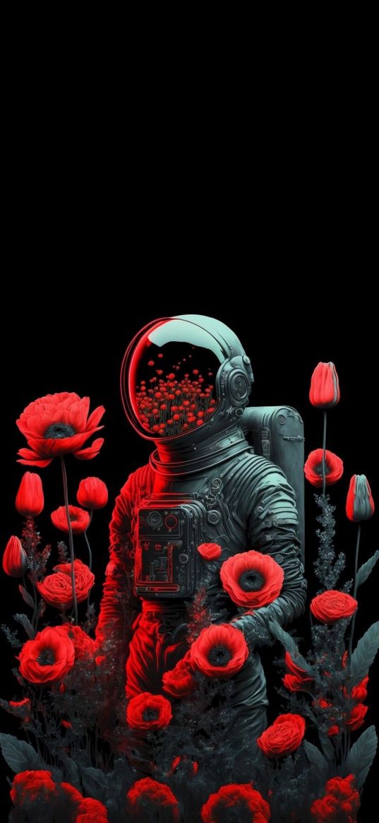 cosmonaut, poppies, flowers, red, black, art