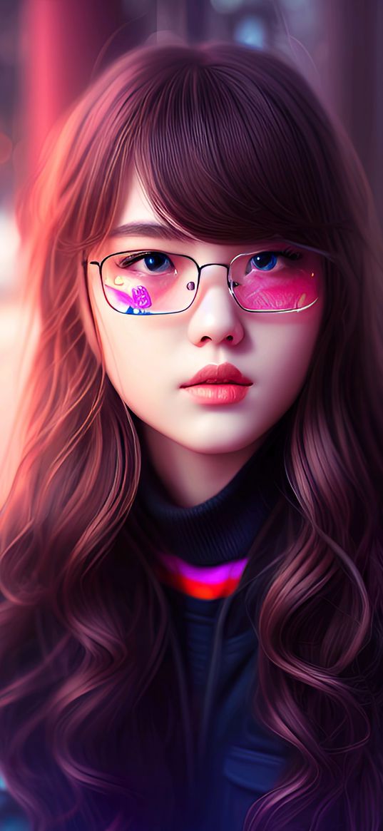 girl, brunette, glasses, portrait, art