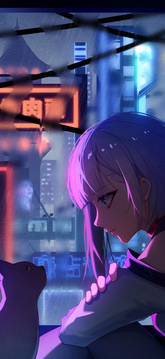 lucy, cyberpunk, anime, girl, cat, window, city, neon, future, art