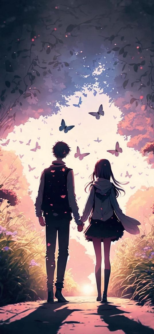 couple, love, romance, path, flowers, butterflies, anime, art