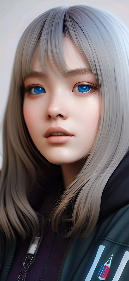 girl, beautiful, sweet, white hair, blue eyes, jacket, ai, art