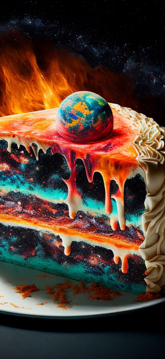 cake, piece, fire, icing, planet, earth