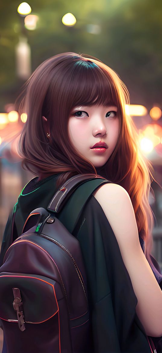 girl, brown hair, backpack, night, park, lights