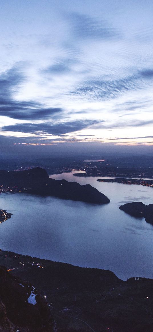 strait, bay, coast, islands, aerial view, evening