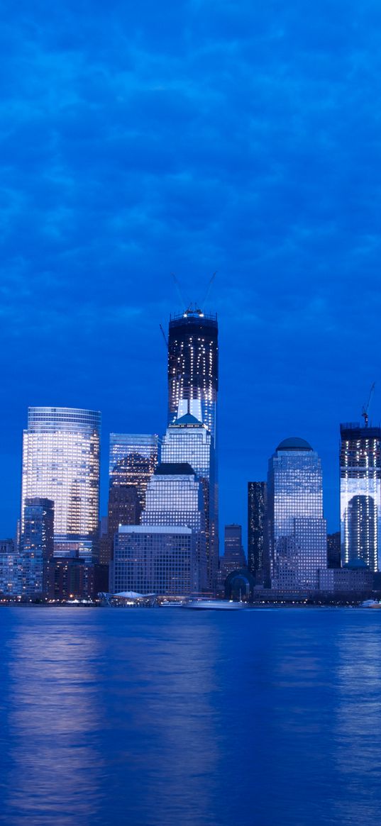 skyscraper, buildings, river, lights, evening, blue