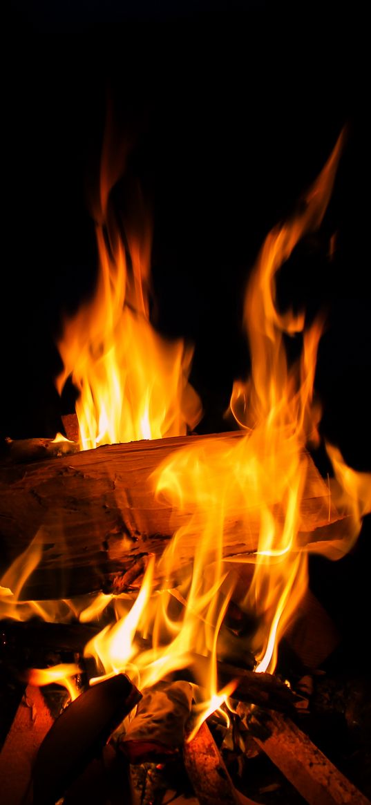 logs, fire, flame, night, darkness