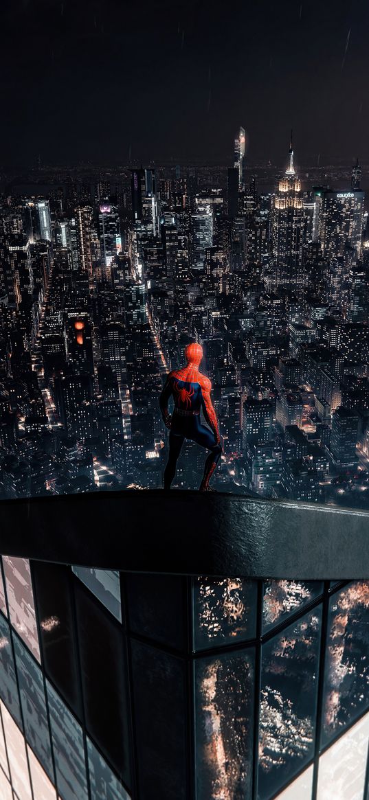 spiderman, spider-man, superhero, marvel, peter parker, city lights, city, new york