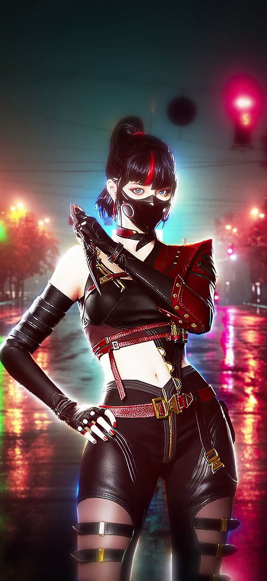 assassin, ninja, girl, mask, dagger, road, street, city, lights, night, art