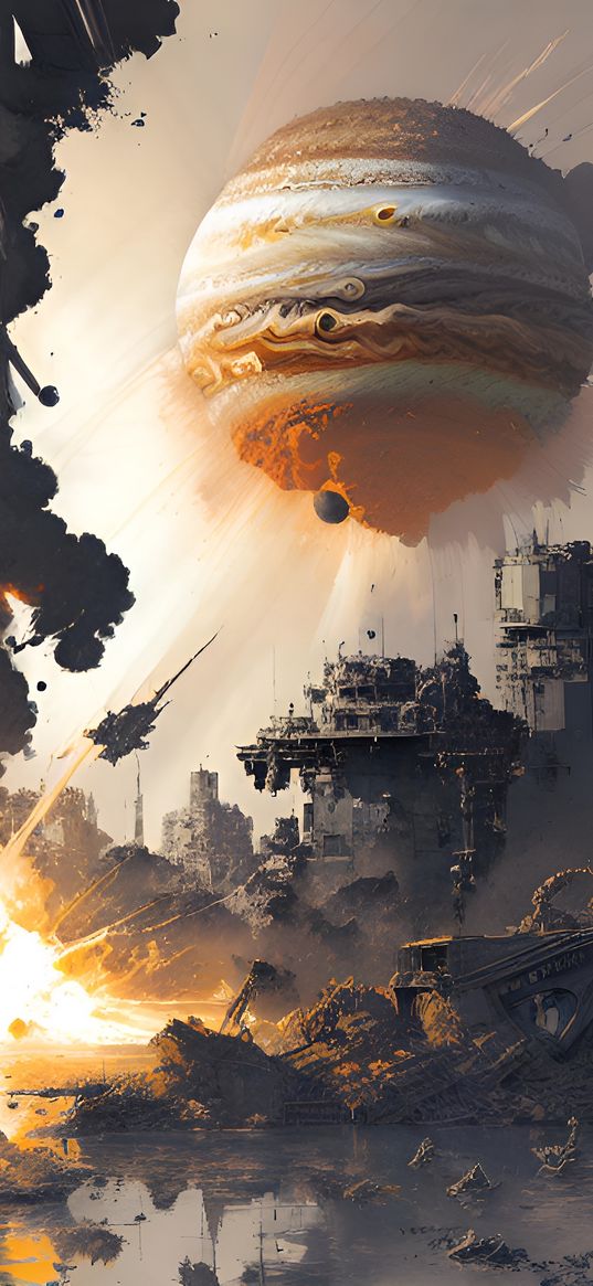 planet, city, ruins, explosion, post-apocalypse, future, science fiction, ai, art