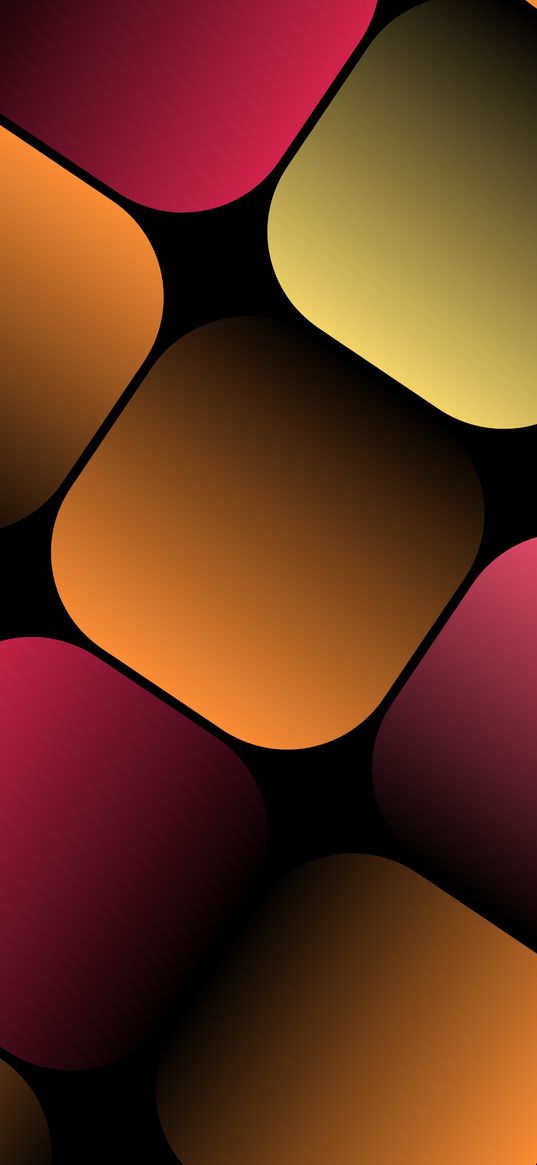 squares, rhombuses, cells, shapes, orange, pink, black background