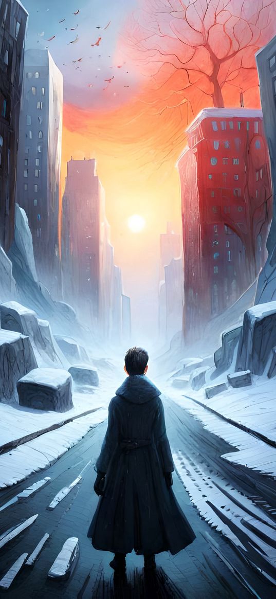 guy, city, apocalypse, stones, snow, houses, destruction, art