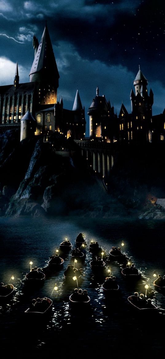 hogwarts, movie, universe, boats, lights, night, castle