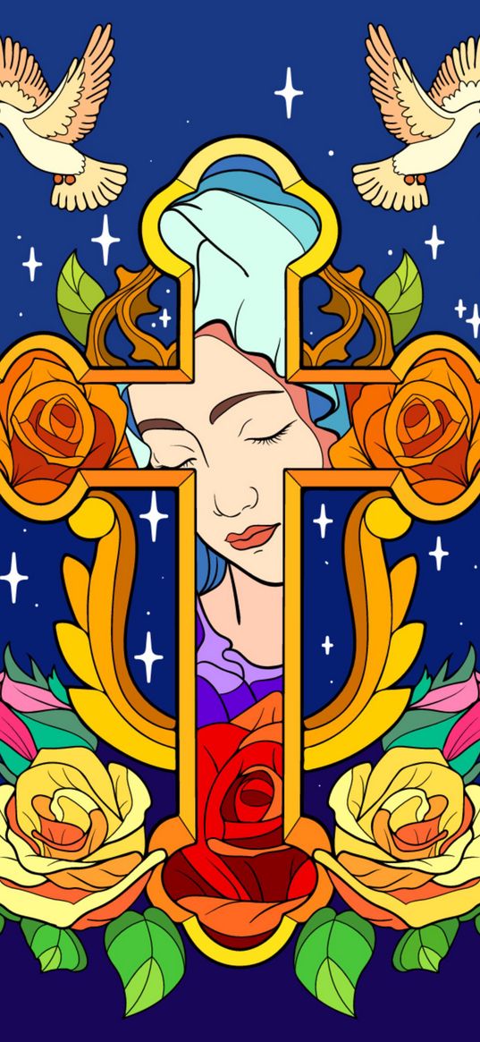 virgin mary, cross, doves, flowers, stars, art