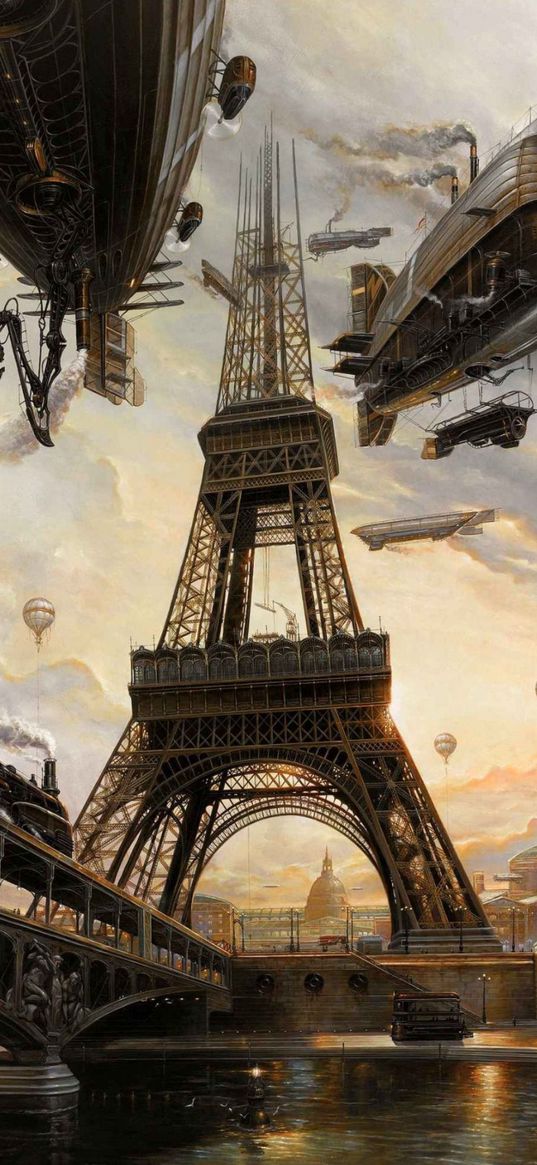 eiffel tower, paris, steampunk, balloons, airships