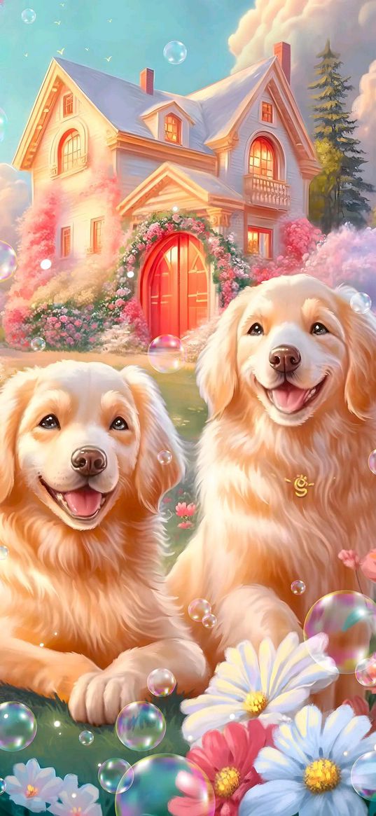 dogs, pets, garden, house, flowers, bubbles, bright, pink