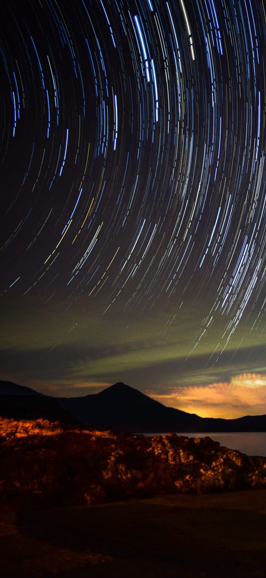 hills, silhouettes, lake, stars, freezelight, night