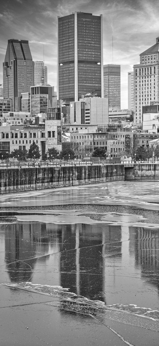 buildings, embankment, river, city, black and white