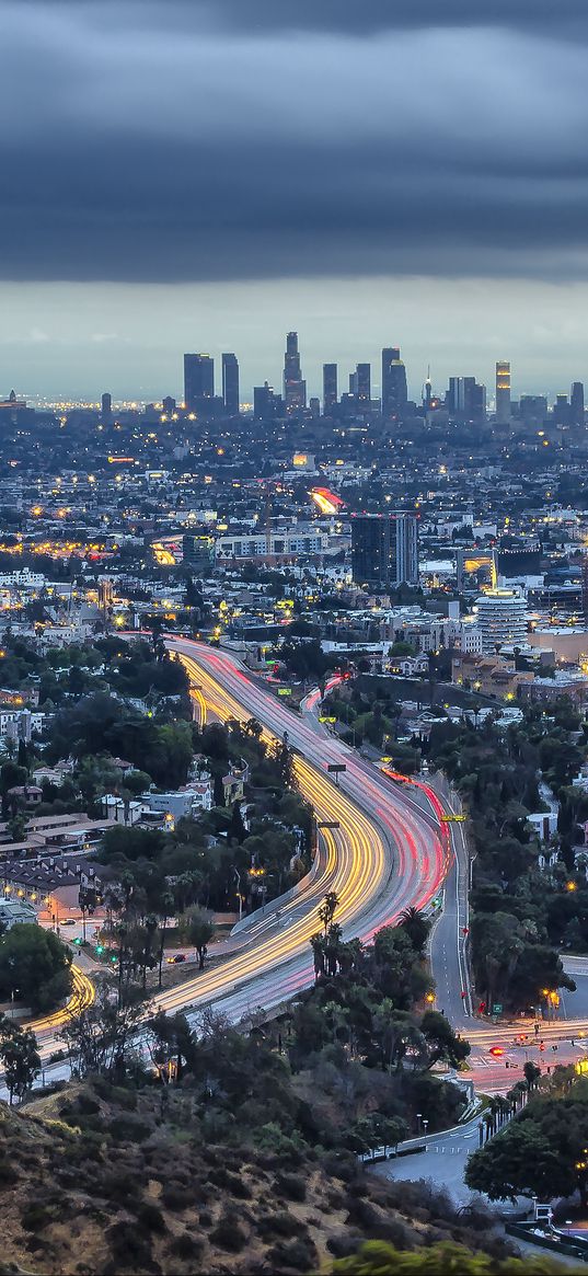 road, trees, buildings, city, los angeles, usa