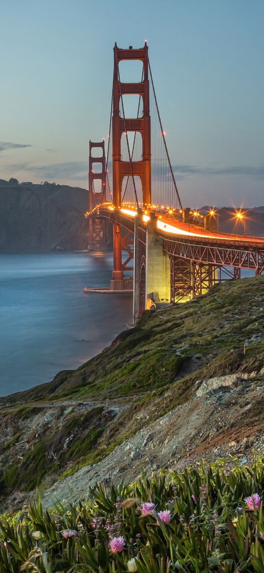 bridge, lights, slope, sea, strait