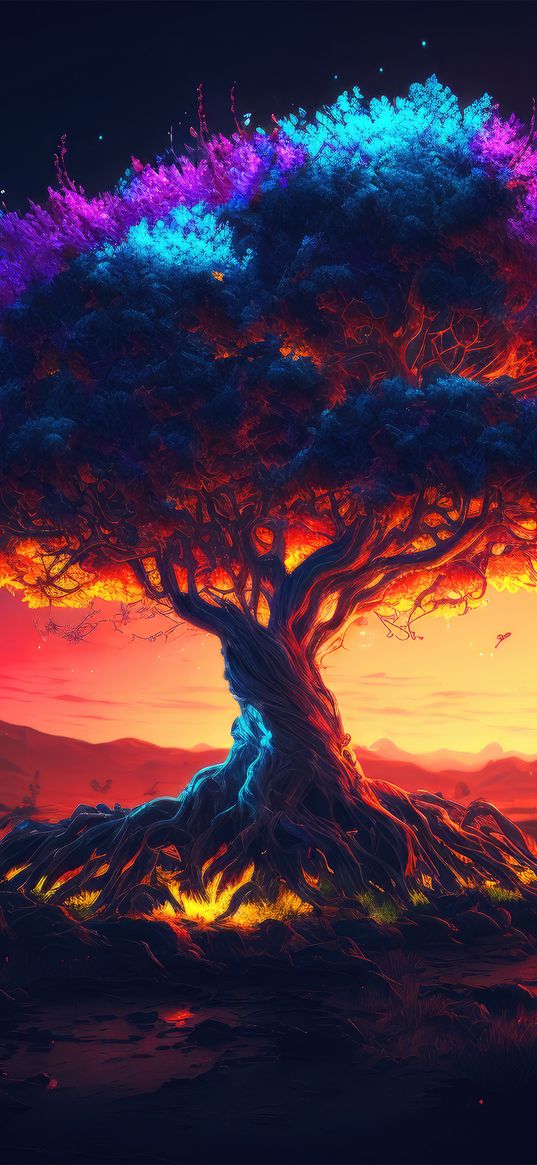 tree, colorful, art, sunset, sky, clouds