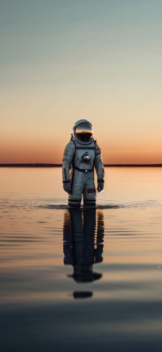 astronaut, space, waves, sunset, sky