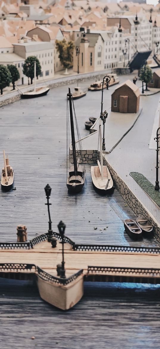 city, embankment, ship, miniature, wooden